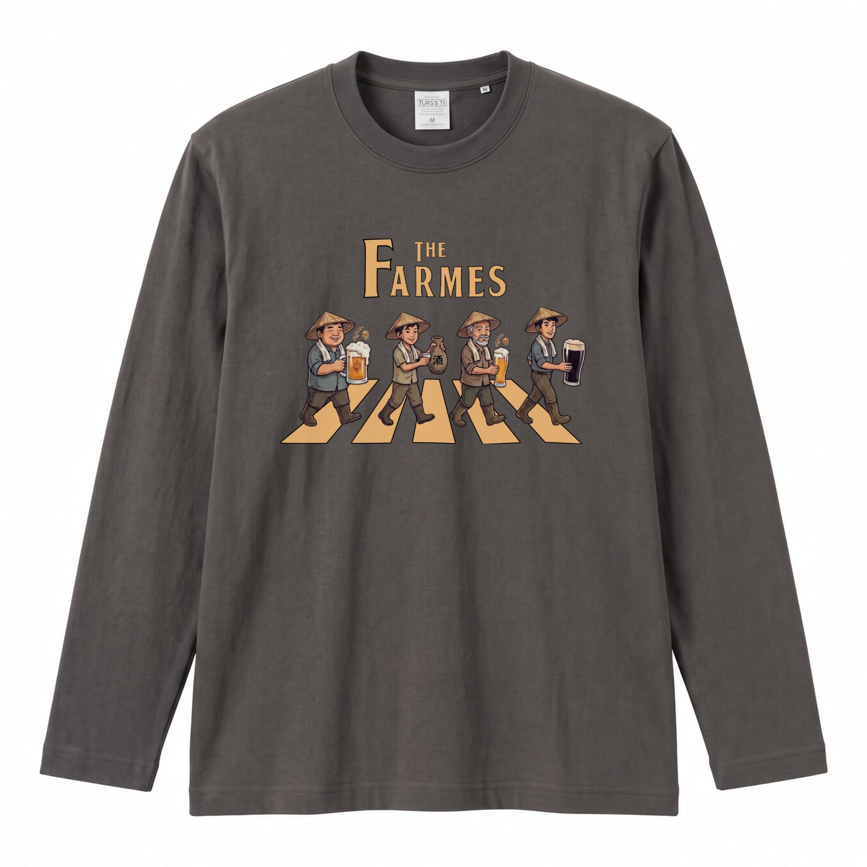 THE FARMES | 収穫の宴 ビール 農業 菅笠 ロック名盤オマージュ グラフィック 長袖Tシャツ【おもしろ雑貨・作業着・普段着・ユニセックス・ギフトに最適】